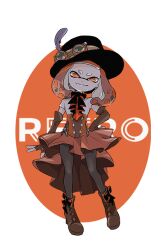 1girl ascot black_ascot black_hat boots brown_boots brown_gloves brown_hair brown_ribbon brown_skirt closed_mouth commentary corset cross-shaped_pupils elbow_gloves fingerless_gloves full_body gloves goggles goggles_on_headwear grey_pantyhose hand_on_own_hip hat hat_feather hat_ribbon imaikuy0 inkling lace-up_boots looking_at_viewer medium_hair mole mole_under_mouth multicolored_hair nintendo official_alternate_costume orange_hair pantyhose pearl_(splatoon) red_pupils ribbon shirt short_sleeves skirt smile solo splatoon_(series) splatoon_2 standing symbol-only_commentary symbol-shaped_pupils tentacle_hair top_hat transparent_background white_shirt yellow_eyes
