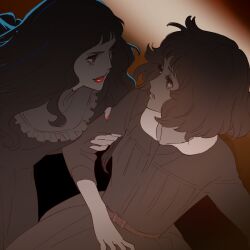 2girls 55bata6rou black_dress black_hair brown_background collared_dress cowboy_shot dress eye_contact grabbing_another&#039;s_arm highres lipstick long_hair looking_at_another makeup misonoo_nanako multiple_girls oniisama_e... red_lips shinobu_mariko short_hair smile spot_color standing