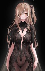 1girl ahoge arms_at_sides black_background bodystocking breasts brown_eyes brown_hair chronopattern_dress closed_mouth commentary cowboy_shot english_commentary hair_ribbon highres hololive hololive_english long_hair medium_breasts meme_attire multicolored_hair nanashi_mumei one_side_up ribbon simple_background smile solo streaked_hair unmeidesu very_long_hair virtual_youtuber