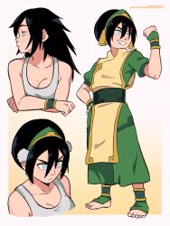 1girl :/ absurdres avatar:_the_last_airbender avatar_legends barefoot blind breasts crossed_arms dashi_(dashiart) frown hair_bun hair_down highres simple_background single_hair_bun smile solo standing tank_top toph_beifong