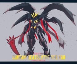 Rule 34 | character name, copyright name, full body, glowing, glowing eyes, grey background, gundam, gundam deathscythe, gundam wing, gundam wing: endless waltz, highres, holding, holding scythe, letterboxed, mecha, mechanical wings, mobile suit, no humans, robot, science fiction, scythe, v-fin, wings, yuu (s graphics tri)