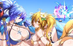 Rule 34 | 1boy, 2girls, :o, annes (g (genesis1556)), arisa (g (genesis1556)), arm strap, bare shoulders, battle, beach, bikini, black hair, blonde hair, blue bikini, blue eyes, blue hair, blue sky, blush, breasts, claws, cleavage, closed mouth, cloud, collarbone, commentary request, covered erect nipples, criss-cross halter, cross, cross necklace, day, dragon boy, dragon girl, dragon horns, dragon tail, energy beam, flower, g (genesis1556), hair between eyes, hair flower, hair ornament, halterneck, high ponytail, highres, horns, jewelry, large breasts, long hair, looking at viewer, monster boy, monster girl, multicolored hair, multiple girls, necklace, ocean, ootachi, open mouth, original, outdoors, ponytail, rio (g (genesis1556)), scales, scar, shark, sheath, sheathed, short hair, side ponytail, sideboob, sidelocks, sitting, skindentation, sky, sound wave, stitches, stomach, swimsuit, tail, two-tone hair, whale, white hair, white whale, wrist cuffs, yellow bikini, yellow eyes