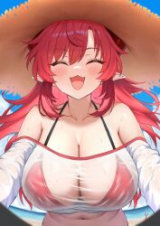 1girl beach bikini blue_archive blue_sky breasts closed_eyes day fang hat highres horns huge_breasts long_hair megu_(blue_archive) megu_(swimsuit)_(blue_archive) navel ocean official_alternate_costume open_mouth outdoors piyobomu pointy_ears red_bikini red_hair red_horns see-through_clothes see-through_shirt shirt skin_fang sky solo straw_hat swimsuit white_shirt
