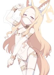 1girl absurdres alternate_costume animal_ear_fluff animal_ears arm_up armlet bikini blonde_hair blue_archive bracelet breasts cleavage commentary_request cowboy_shot dancer dancing extra_ears face_veil flat_chest flower forehead fox_ears fox_girl fox_tail hagoonha hair_flower hair_ornament halo halo_behind_head harem_outfit highres jewelry leaning_back loli long_hair looking_at_viewer mouth_veil navel neck_ring parted_bangs ring seia_(blue_archive) sidelocks simple_background solo stomach swimsuit tail thighlet veil white_background white_bikini yellow_eyes yellow_halo