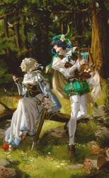 1girl 2boys absurdres alternate_costume apple arm_armor basket black_hair blonde_hair braid breasts cloak commentary_request dainsleif_(genshin_impact) dress flower food forest fruit full_body genshin_impact gradient_hair grass hair_flower hair_ornament hair_over_eyes highres holding holding_instrument holding_lyre hood hooded_cloak instrument lluluchwan long_hair long_sleeves looking_at_another lumine_(genshin_impact) lyre medium_breasts multicolored_hair multiple_boys music nature outdoors playing_instrument scabbard sheath sheathed short_hair_with_long_locks sitting standing sword tree twin_braids venti_(genshin_impact) weapon white_dress
