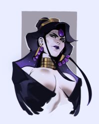 1girl absurdres black_hair black_sclera breasts center_opening colored_sclera colored_skin earrings forehead_jewel grey_skin hades_(series) hades_1 highres jewelry large_breasts long_hair looking_at_viewer looking_down mature_female neck_ring nips_(ohnips) no_bra nyx_(hades) purple_lips revealing_clothes solo upper_body yellow_eyes