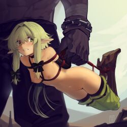 1girl absurdres angry bdsm bondage boots bound bow breasts brown_bow brown_footwear cad_(caddo) carrying carrying_person collarbone commission defeat elf full_body goblin goblin_slayer! green_eyes green_hair hair_between_eyes hair_bow hair_intakes high_elf_archer_(goblin_slayer!) high_heel_boots high_heels highres hogtie knee_boots long_hair luggage_bondage nipples nude pointy_ears pussy restrained second-party_source shibari sidelocks small_breasts solo_focus thighhighs
