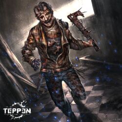 1boy afflicted_(resident_evil) barbed_wire black_hair black_shirt blood brown_jacket capcom checkered_floor denim gloves hacksaw hatchet highres horror_(theme) injury jacket jeans jun_ishimaru monster monster_boy monster_focus nail_(hardware) official_art open_clothes open_jacket pants resident_evil resident_evil:_revelations_2 saw shirt short_hair teppen tile_floor tiles torn_clothes undead weapon