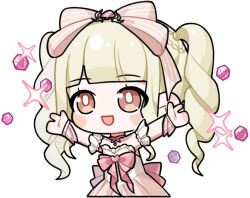 1girl arms_up artist_request back_bow bare_shoulders blonde_hair blunt_bangs blush_stickers bow bow_choker bowtie braid bright_pupils brooch brown_eyes chibi choker cropped_torso detached_sleeves diamond_(gemstone) dress drill_hair eyelashes frilled_dress frilled_sleeves frills gem hair_bow happy heart heart_brooch infinity_nikki jewelry long_hair looking_ahead nikki_(series) official_art open_mouth outstretched_arms pink_bow pink_bowtie pink_choker pink_dress pink_gemstone pink_ribbon_waltz_(infinity_nikki) shell_hair_ornament short_sleeves side_braids smile solo sparkle standing strapless strapless_dress striped_bow tareme transparent_background twin_drills twintails white_pupils white_sleeves white_wrist_cuffs wrist_cuffs