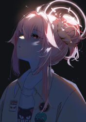 1girl absurdres ahoge black_background blue_archive brown_jacket dark flat_chest hair_bun hair_flaps halo highres jacket looking_up natsu_(band)_(blue_archive) natsu_(blue_archive) official_alternate_costume open_clothes open_jacket parted_lips pink_hair pink_halo portrait red_eyes reiami shirt short_hair_with_long_locks sidelocks simple_background single_side_bun solo sparkle t-shirt white_shirt