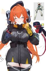 1girl :t ahoge asymmetrical_gloves black_gloves black_hat breasts closed_eyes commentary cowboy_shot desire_(des1re) dragon_girl dragon_horns eating english_commentary facing_viewer fingerless_gloves gloves hair_between_eyes hat highres hood hood_down horns inset mismatched_gloves orange_hair orpheus_(persona) orpheus_(zenless_zone_zero) persona persona_3 pointy_ears simple_background smile solo sparkle tail white_background yellow_gloves zenless_zone_zero zipper