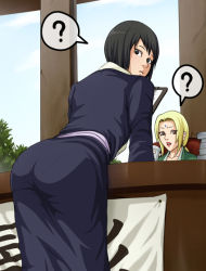 Rule 34 | 2girls, ?, ass, black hair, blonde hair, desk, facial mark, forehead mark, from behind, japanese clothes, leaning forward, lipstick, looking back, makeup, multiple girls, naruto (classic), naruto (series), pantylines, shizune (naruto), short hair, tk (tk&#039;s level4), tsunade (naruto), walk-in, window