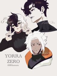 Rule 34 | 1girl, 2boys, black hair, character request, commentary, dark-skinned male, dark skin, double v, english commentary, english text, eyeshadow, green eyes, highres, lindow (nyantcha), makeup, mole, mole under eye, multicolored hair, multiple boys, nyantcha, open mouth, original, parted lips, portrait, short hair, split-color hair, two-tone hair, v, white hair, yorra villeneuve (nyantcha)
