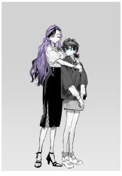 2girls alternate_costume black_hair blue_eyes contemporary dress full_body grey_background greyscale hair_between_eyes haitani_ran hanagaki_takemichi height_difference high_heels highres hood hood_down hoodie hug hug_from_behind jewelry long_hair long_sleeves monochrome multiple_girls pencil_skirt purple_hair qyzhiaiyisheng shirt shoes short_hair short_sleeves shorts simple_background skirt spot_color tokyo_revengers wavy_hair