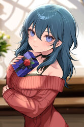 1girl absurdres aran_sweater arm_under_breasts bare_shoulders black_bra black_choker blue_eyes blue_hair blurry blurry_background bra bra_peek breasts cable_knit choker cleavage closed_mouth female_byleth_(fire_emblem) fire_emblem fire_emblem:_three_houses flower_pot gift highres large_breasts light_smile long_hair looking_at_viewer nintendo off-shoulder_sweater off_shoulder ribbon_choker shimizu_akina standing straight_hair sweater underwear