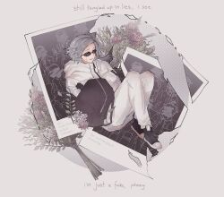 Rule 34 | 1boy, aotsuki eito, black bag, black gloves, censored, censored identity, commentary, crying, english commentary, english text, facing ahead, gloves, grey background, grey hair, highres, jacket, kirifuji nozomi, knees up, male focus, maruko gaku, mojiro moko, omokage yugamu, photo (object), plant, shizuhara hiruko, short hair, smile, solo, specialredo, spoilers, sumino takumi, sunglasses, the hundred line -last defense academy-, torn photo, white jacket, yakushiji takemaru