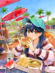 1girl absurdres baseball_cap black_car black_hair blue_sky brown_hair brown_shirt burger car cellphone clear_sky cup day disposable_cup drinking_straw earrings eating food french_fries hat highres holding holding_burger holding_food hood hoodie in-n-out_burger jewelry long_hair long_sleeves looking_at_viewer napkin original outdoors painting_(medium) palm_tree people phone pink_nails red_car round_table shirt sitting sky smartphone solo_focus striped_clothes striped_shirt table traditional_media tree umbrella upper_body watercolor_(medium) white_shirt yuyuharu_1027