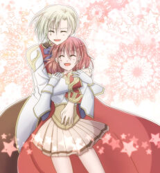 Rule 34 | 1boy, 1girl, blonde hair, blush, boobplate, breastplate, closed eyes, coat, commentary request, couple, cowboy shot, gauntlets, gold trim, hetero, high priest (ragnarok online), hug, hug from behind, long sleeves, lord knight (ragnarok online), miniskirt, multicolored coat, open mouth, pink background, pink hair, pink skirt, ragnarok online, red coat, sharari, short hair, skirt, smile, star (symbol), two-tone coat, white coat