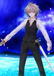 1boy belt belt_buckle black_belt black_pants black_vest buckle buttons clenched_hand closed_mouth collarbone command_spell dress_pants dress_shirt fate/grand_order fate_(series) feet_out_of_frame grey_hair hair_between_eyes hand_tattoo holding holding_sword holding_weapon konoe_ototsugu legs_apart long_sleeves looking_at_viewer male_focus medium_hair night night_sky official_art outstretched_arm pants partially_unbuttoned petals red_eyes shirt sieg_(fate) sky sleeve_cuffs solo standing star_(sky) starry_sky straight-on sword tattoo third-party_source unsheathed v-shaped_eyebrows vest waistcoat weapon white_shirt