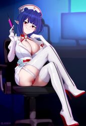 1girl absurdres blue_hair boots breasts chenki_(chenki) closed_mouth crossed_legs dizzy_dokuro dizzy_dokuro_(nurse) double_bun dress elbow_gloves gloves hair_bun hat high_heel_boots high_heels highres holding holding_syringe large_breasts nurse_cap panties pantyshot phase_connect pointy_ears red_eyes red_panties sitting skull_ornament solo stiletto_boots stiletto_heels swivel_chair syringe thigh_boots thigh_strap twitter_username underwear virtual_youtuber white_boots white_dress white_gloves white_hat