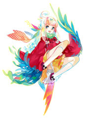 1girl ahoge bird_girl black_bow blue_eyes bow commentary_request feathered_wings full_body hand_wings invisible_chair japanese_clothes k_ototo kariginu kneehighs long_hair long_sleeves open_mouth original pleated_skirt sitting skirt smile socks solo white_hair white_socks wings yellow_skirt