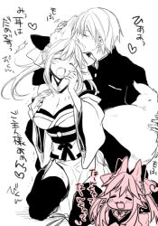 1boy 1girl animal_ear_fluff animal_ears artist_request bare_shoulders blush bow breasts cleavage detached_sleeves ear_fondling fate/extra fate_(series) fox_ears fox_girl fox_tail greyscale hair_bow hair_ribbon imagining japanese_clothes kishinami_hakuno_(male) kissing_ear large_breasts long_hair long_sleeves monochrome open_mouth ribbon school_uniform shirt short_hair source_request tail tail_fondling tamamo_(fate) tamamo_no_mae_(fate/extra) thighhighs third-party_source translation_request tsukumihara_academy_uniform_(fate/extra_ccc)