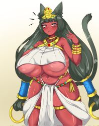 1girl abrams_(0abrams0) animal_ears black_hair breasts cat_ears cat_girl cat_tail cleopatra_(metal_slug) dark_skin eyeshadow female_focus gradient_background highres huge_breasts loincloth makeup metal_slug metal_slug_attack navel nipples red_eyes shiny_skin slit_pupils solo standing tail underboob