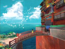 1other balcony blue_sky bridge bush cliff cloud cloudy_sky dkaism entrance falling_petals fence from_behind full_body haku_(sen_to_chihiro_no_kamikakushi) horizon house ocean painterly petals sen_to_chihiro_no_kamikakushi sign sky solo standing window wooden_bridge