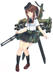 1girl ah-1_cobra aircraft attack_helicopter bow brown_eyes brown_hair female_focus garrison_cap hair_bow hat helicopter highres karo-chan military_vehicle missile_pod personification pleated_skirt ponytail propeller simple_background skirt smile solo white_background