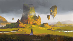 Rule 34 | 1other, cambocreation, cloud, cloudy sky, fantasy, floating, floating rock, flock, fog, from behind, grass, grey cloak, landscape, mountainous horizon, original, painterly, scenery, sky, standing, watermark