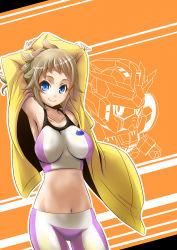 Rule 34 | 10s, 1girl, armpits, arms up, bike shorts, blue eyes, breasts, brown hair, collarbone, crop top, female focus, gundam, gundam build fighters, gundam build fighters try, highres, hoshino fumina, jacket, kangakuraku12, large breasts, long hair, looking at viewer, midriff, navel, orange background, ponytail, smile, solo, winning gundam