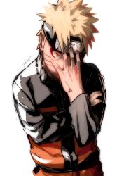 1boy headband highres jacket konohagakure_symbol long_sleeves looking_at_viewer male_focus naruto_(series) naruto_shippuuden ninja orange_eyes orange_jacket short_hair simple_background solo spiked_hair symbol-shaped_pupils uzumaki_naruto white_background zifletts