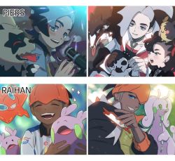 1girl 2boys aged_down black_hair black_hoodie blue_eyes blush brother_and_sister character_name choker closed_eyes collared_shirt commentary_request cropped_jacket dark-skinned_male dark_skin earrings eyeshadow fingernails galarian_form galarian_zigzagoon gen_4_pokemon gen_6_pokemon gen_8_pokemon gloves goodra goomy green_eyes grey_choker grey_hair gym_leader hair_ribbon hood hoodie jewelry korean_commentary long_hair makeup marnie_(pokemon) microphone mikripkm morpeko morpeko_(full) multicolored_hair multiple_boys nintendo obstagoon on_head one_eye_closed open_mouth orange_headwear piers_(pokemon) pokemon pokemon_(creature) pokemon_on_head pokemon_swsh raihan_(pokemon) ribbon rotom rotom_phone shirt siblings single_glove smile sparkle teeth tongue toxel two-tone_hair