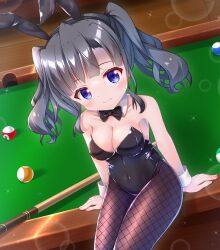 1girl absurdres animal_ear_hairband animal_ears ball billiard_ball black_bow black_bowtie black_leotard black_pantyhose blue_eyes bow bowtie breasts covered_navel cue_stick detached_collar dutch_angle fake_animal_ears from_above getsuyoshi grey_hair hairband highres itsumura_yukari lens_flare leotard medium_breasts pantyhose playboy_bunny pool_table rabbit_ears rabbit_tail re:stage! sitting smile solo strapless strapless_leotard table tail twintails wrist_cuffs