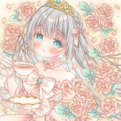 1girl aqua_eyes bare_shoulders blush bow braid brooch choker collarbone commentary cup dress flower frilled_choker frilled_gloves frills gloves highres holding holding_cup holding_saucer jewelry long_hair marker_(medium) original parted_lips pink_bow pink_choker pink_dress pink_flower pink_rose puu_(kari---ume) rose saucer symbol-only_commentary tareme teacup tiara traditional_media upper_body very_long_hair white_bow white_sleeves