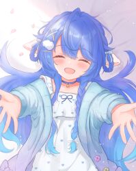 absurdres ahoge amamiya_kokoro bell blue_hair blush braid choker closed_eyes cloud_hair_ornament collarbone fang hair_between_eyes hair_ornament happy highres long_braid long_hair lying matcha_november neck_bell nijisanji on_back open_mouth sidelocks skin_fang two_side_up very_long_hair virtual_youtuber x_hair_ornament