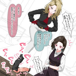 2girls ball_busting bdsm blonde_hair blue_eyes boots brown_hair buttons cbt censored earrings femdom gloves hisano hisanoworld japanese_text jewelry multiple_girls original pants penis red_eyes red_gloves smile smug translation_request vest white_gloves white_pants