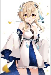 1girl artist_name black_border blonde_hair blurry blush border bug commentary_request cosplay depth_of_field dress falling_petals firefly genshin_impact guizhong_(genshin_impact) guizhong_(genshin_impact)_(cosplay) hair_between_eyes hair_ornament highres insect jasummin long_sleeves looking_at_viewer lumine_(genshin_impact) open_mouth petals sleeves_past_fingers sleeves_past_wrists standing tassel thighs