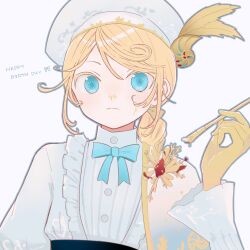 1boy androgynous beret blonde_hair blue_bow blue_eyes bow center_frills drill_hair drill_ponytail edgar_valden edgar_valden_(golden_ratio) frills gem hat highres holding holding_paintbrush identity_v long_sleeves paintbrush puffy_sleeves red_gemstone saikouchohappy shirt single_drill solo solo_focus trap white_shirt