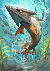 absurdres air_bubble arrokuda barraskewda bubble closed_mouth commentary_request evolutionary_line fangs fangs_out fish from_below gen_8_pokemon highres nintendo no_humans pokemon pokemon_(creature) sumosamo swimming underwater water_surface yellow_eyes