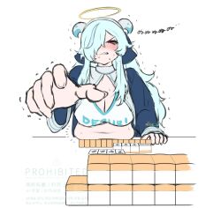 1girl belly blue_coif blue_hair blush breasts cleavage commentary_request crop_top dice_k_draw doubliel hair_between_eyes hair_over_one_eye halo horns large_breasts long_bangs long_hair looking_at_viewer mahjong mahjong_fight_girl mahjong_tile midriff open_mouth plump red_eyes shirt simple_background solo struggling traditional_halo trembling upper_body v-shaped_eyebrows watermark white_background white_horns white_shirt yellow_halo