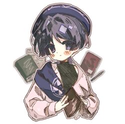 Rule 34 | 1boy, alternate costume, black shirt, black undershirt, blue shawl, blush stickers, book, casual, closed mouth, collared shirt, contemporary, cropped torso, genshin impact, hat, highres, holding, holding book, hui0218ovo, lapels, long sleeves, looking at viewer, male focus, official alternate costume, open clothes, open shirt, paper, pencil, purple eyes, purple hair, purple hat, purple pupils, scaramouche (genshin impact), shawl, shirt, solo, turtleneck, turtleneck shirt, wanderer (genshin impact), wanderer (wanderer impression) (genshin impact), white background, white shirt, white sleeves, wispy bangs