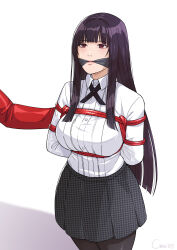 1girl 1other absurdres black_hair blunt_bangs breasts cirenk cleave_gag cloth_gag commission cowboy_shot gag gagged highres improvised_gag jabami_yumeko kakegurui long_hair pantyhose red_eyes rope shibari shirt white_background white_shirt