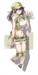 Rule 34 | 1girl, absurdres, baseball cap, breasts, brown eyes, brown hair, crop top, field cap, fio germi, glasses, green shorts, hat, highres, huanxiang huifeng, knee pads, large breasts, metal slug, midriff, open clothes, open vest, ponytail, round eyewear, short shorts, shorts, solo, utility vest, vest
