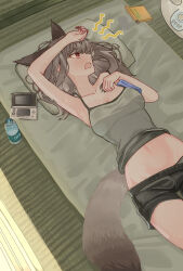 1girl arknights arm_above_head arm_up bare_arms bare_shoulders black_shorts blush bottle breasts camisole cleavage collarbone commentary_request cowboy_shot drink frostleaf_(arknights) futon game_console grey_camisole grey_hair grey_tail groin handheld_game_console handkerchief head_on_pillow highres hot looking_to_the_side lying medium_breasts medium_hair midriff navel nintendo_ds on_back open_mouth pillow plastic_bottle red_eyes short_shorts shorts solo spaghetti_strap suzubotan sweat tail water_bottle