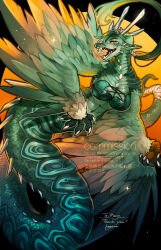 1girl breasts claws colored_skin commentary_request commission dragon_girl dragon_horns dragon_wings feathered_wings full_body green_hair green_scales green_skin highres hogara horns large_breasts looking_at_viewer muscular muscular_female open_mouth original short_hair skeb_commission slit_pupils solo very_short_hair winged_arms wings yellow_background yellow_eyes