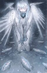 6+others angel boat completely_nude feathered_wings feathers hair_censor hands_on_own_knees heart highres hzyorquoj39w231 long_hair looking_down lying multiple_others multiple_wings nude on_side original partially_submerged solo_focus sparkle standing water watercraft wings