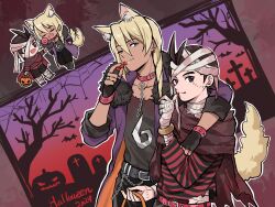 2boys ace_attorney animal_ears antenna_hair apollo_justice apollo_justice:_ace_attorney arm_around_shoulder bandaged_arm bandaged_head bandaged_leg bandaged_neck bandages bat_(animal) belt black_gloves black_pants black_shorts blonde_hair blue_eyes bracelet candy cape chain chibi chibi_inset choker coat collarbone commentary drill_hair earrings english_commentary fake_blood fingerless_gloves food forked_eyebrows fur-trimmed_coat fur_trim gloves gold_bracelet grey_belt grey_shirt halloween highres holding holding_candy holding_food jewelry klavier_gavin male_focus multiple_boys one_eye_closed open_clothes open_coat outline pants pumpkin purple_coat red_belt red_cape red_choker senki_xl shirt shorts smile stitched_face stitches striped_clothes striped_shirt tail torn_cape torn_clothes torn_shirt tree white_outline