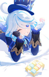 1girl ahoge ascot asymmetrical_gloves black_gloves blue_ascot blue_eyes blue_hair blue_hat blue_jacket brooch commentary food furina_(genshin_impact) genshin_impact gloves grin hat holding holding_food jacket jewelry long_sleeves looking_at_viewer lying macaron mismatched_gloves multicolored_hair on_stomach rj_(lingshih10) short_hair smile solo streaked_hair top_hat white_gloves white_hair