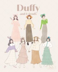 6+girls absurdres animal_ears animification bear_ear_hairband bear_ears brown_hair cookieann duffy_and_friends duffy_the_disney_bear full_body gelatoni genderswap hat highres humanization linabell long_hair looking_at_viewer meecosme multiple_girls olu_mel shelliemay shirt short_hair skirt smile stellalou sweater